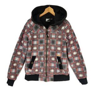 Volcom Zip Up Hoodie Women's Med Plaid Fleece Lined Red Black Street Wear Heavy